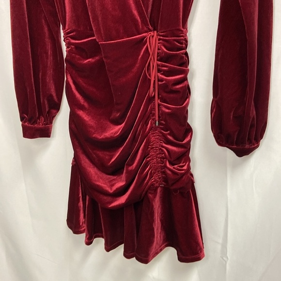 Hale Bob Manon Shirred Velvet Faux Wrap Mini Dress Burgundy Size XS NWT - Picture 6 of 8